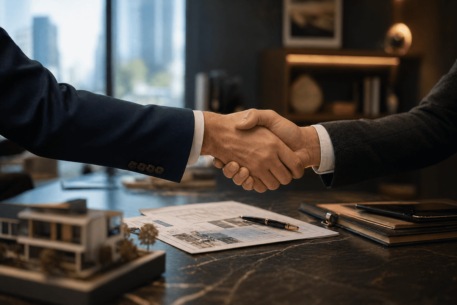 Two professionals shaking hands over real estate documents.