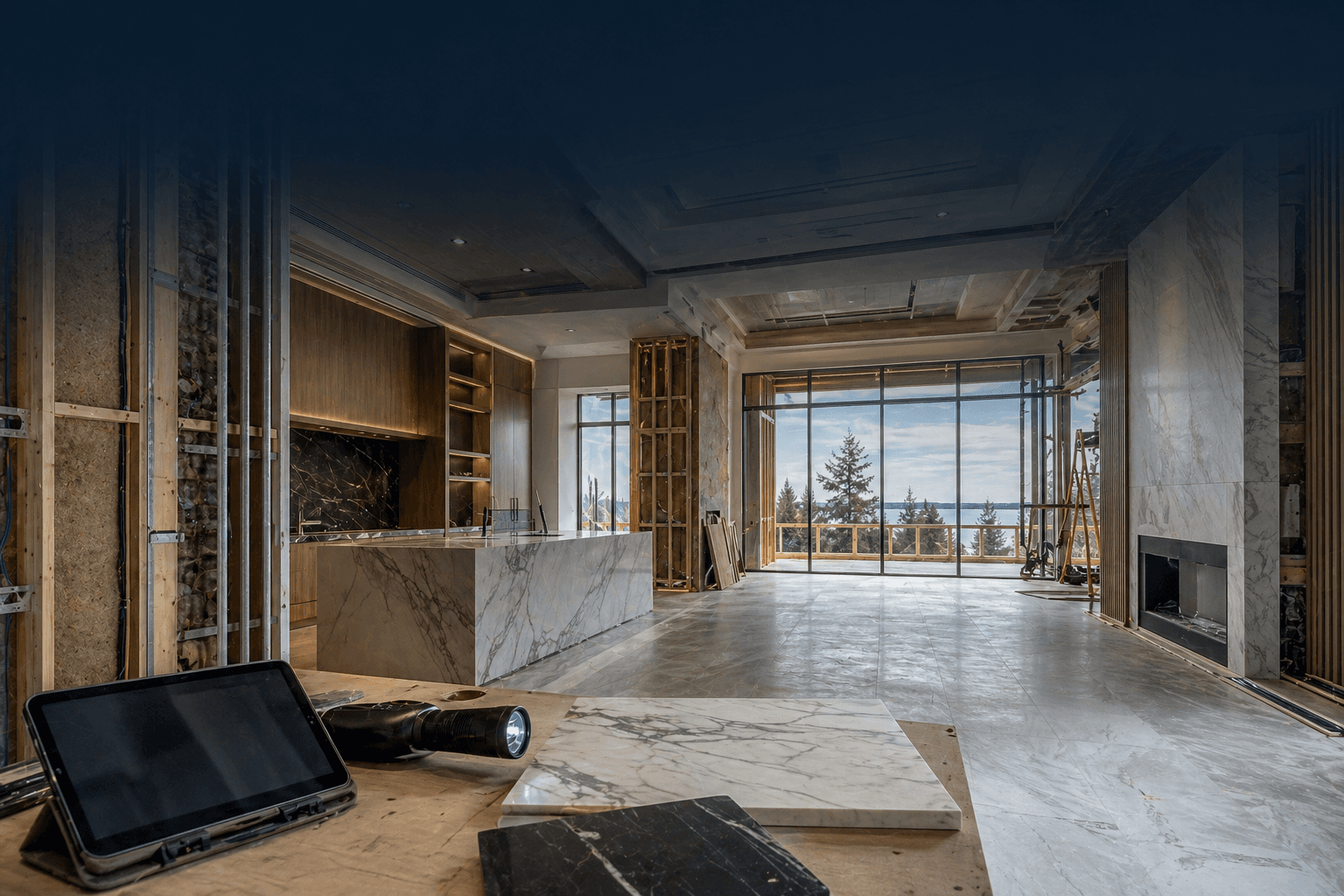 A luxury custom home under construction with high-end finishes being evaluated.