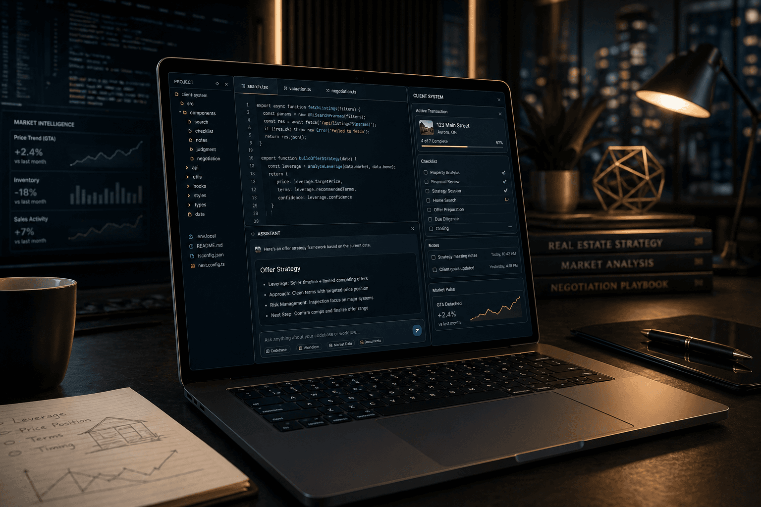 A laptop running a flashy AI-coded real estate client system.