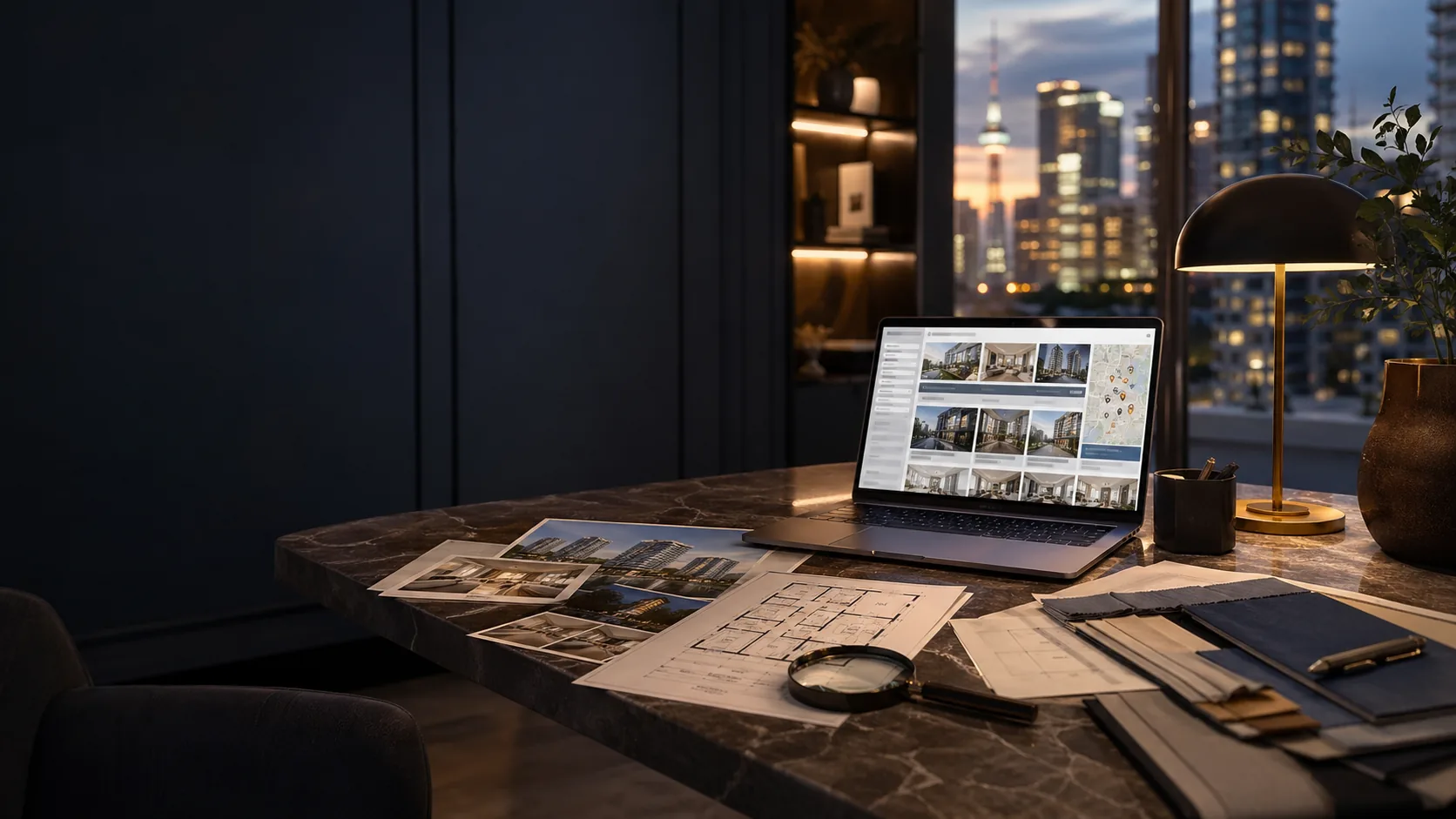 A refined property search desk with listing photos, a laptop, and city views.