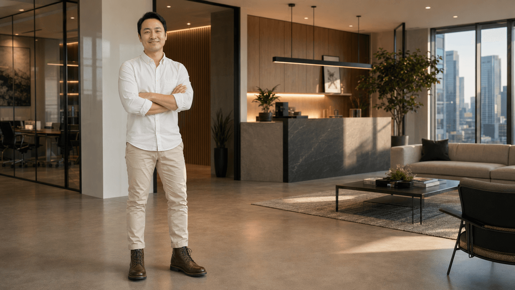 A friendly real estate broker standing in a modern office.
