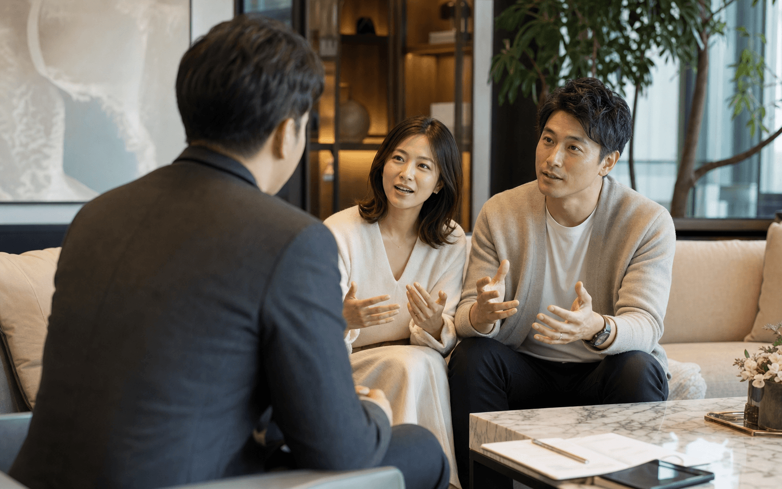 A real estate broker listening to a Japanese couple during a consultation.