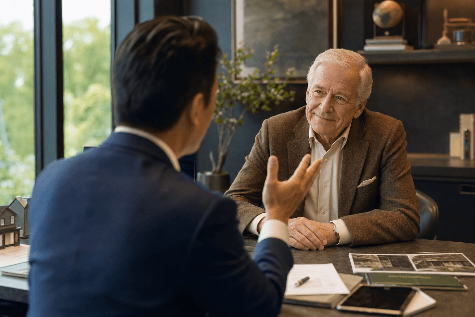 A real estate broker seen from behind gesturing while explaining a plan to a happy elderly gentleman in a brown suit.